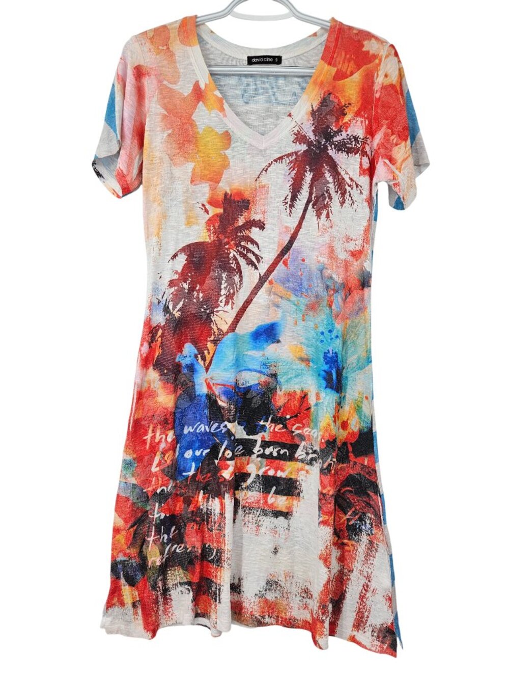 David Cline Tropical Print V-Neck T-Shirt Dress Women's Size S Hawaiian Summer